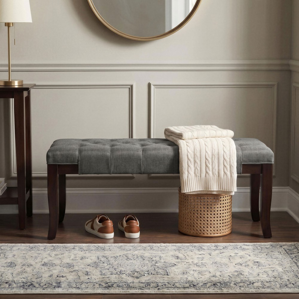 Linon Gray Fabric Tufted Bench for Entryway or Living Room