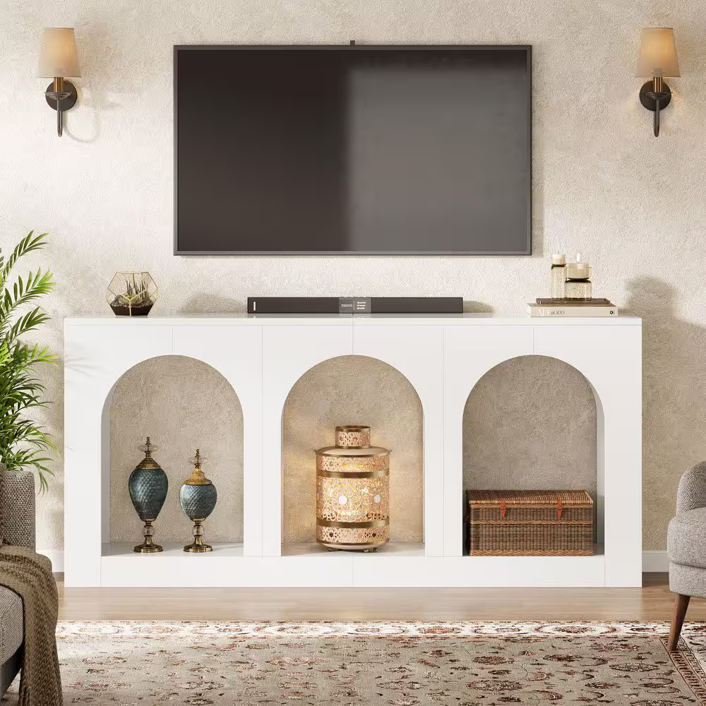 Turrella 70.9 In. White Rectangle MDF Entryway Console Table with 3 Arched Shelv