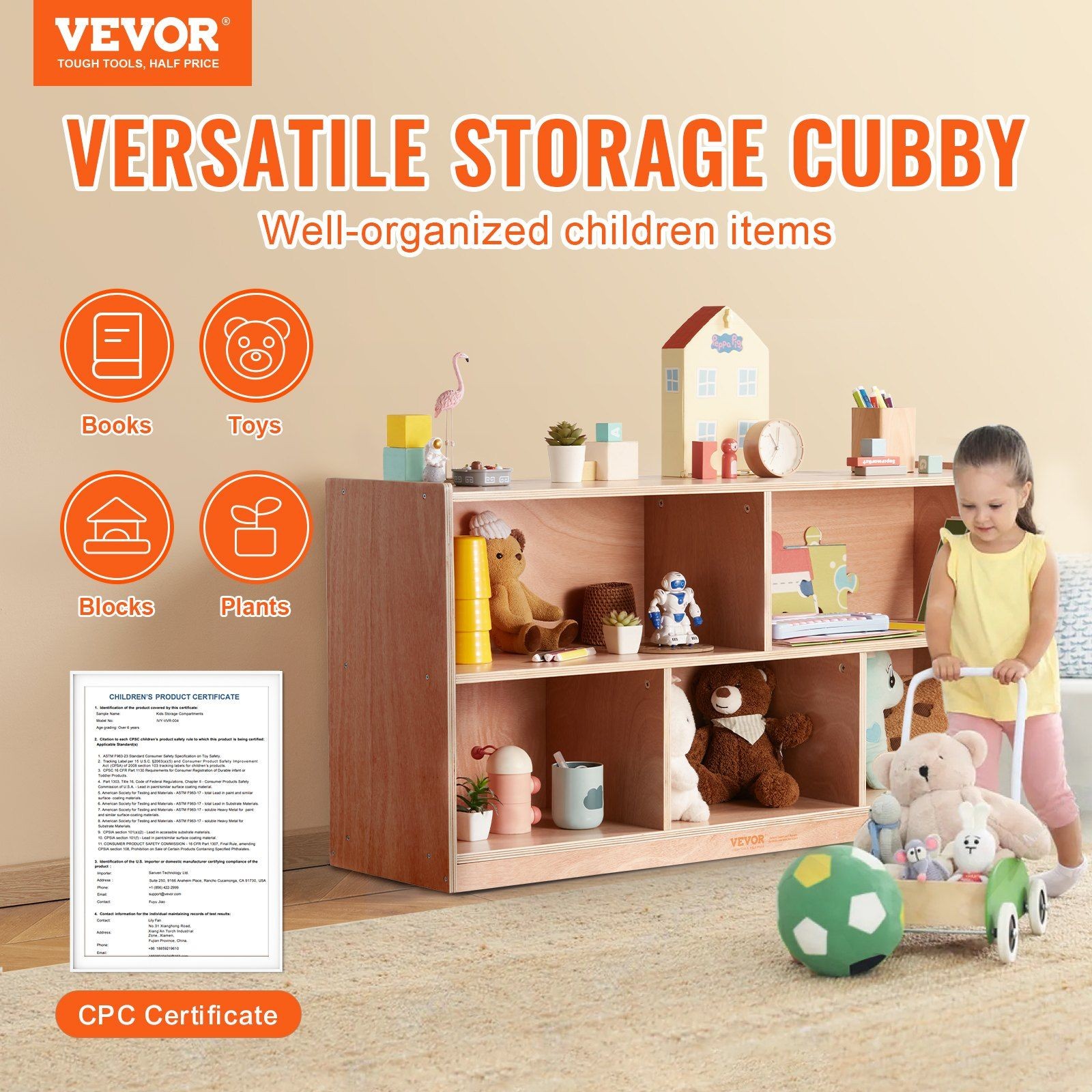 Functional 5-Bin Cubby Cabinet 2 Levels Non-Toxic Coating Natural Wood