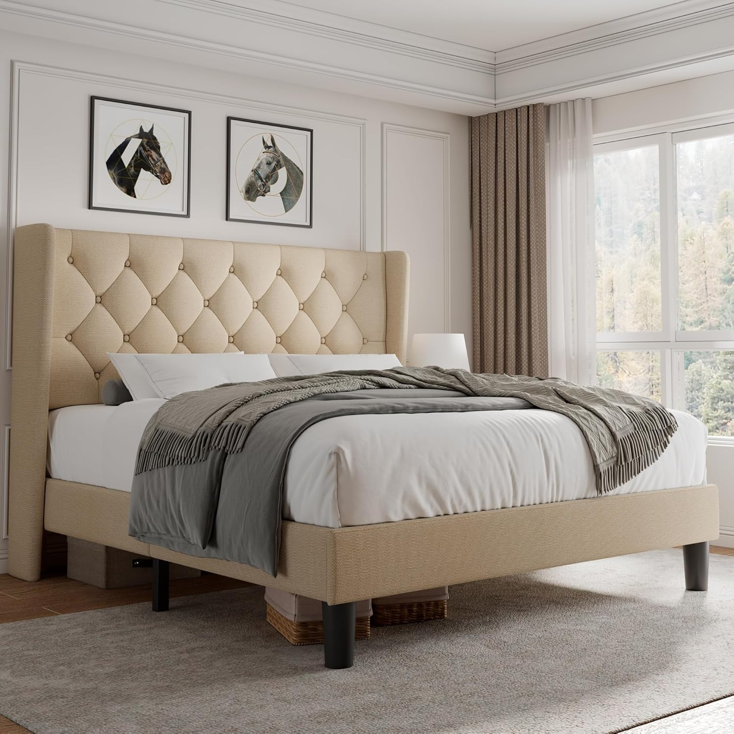 Full Size Platform Bed Frame with Button Tufted Headboard, Upholstered