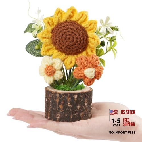Handmade Knitted Sunflowers – Cute Crochet Flowers Bouquet with Wooden