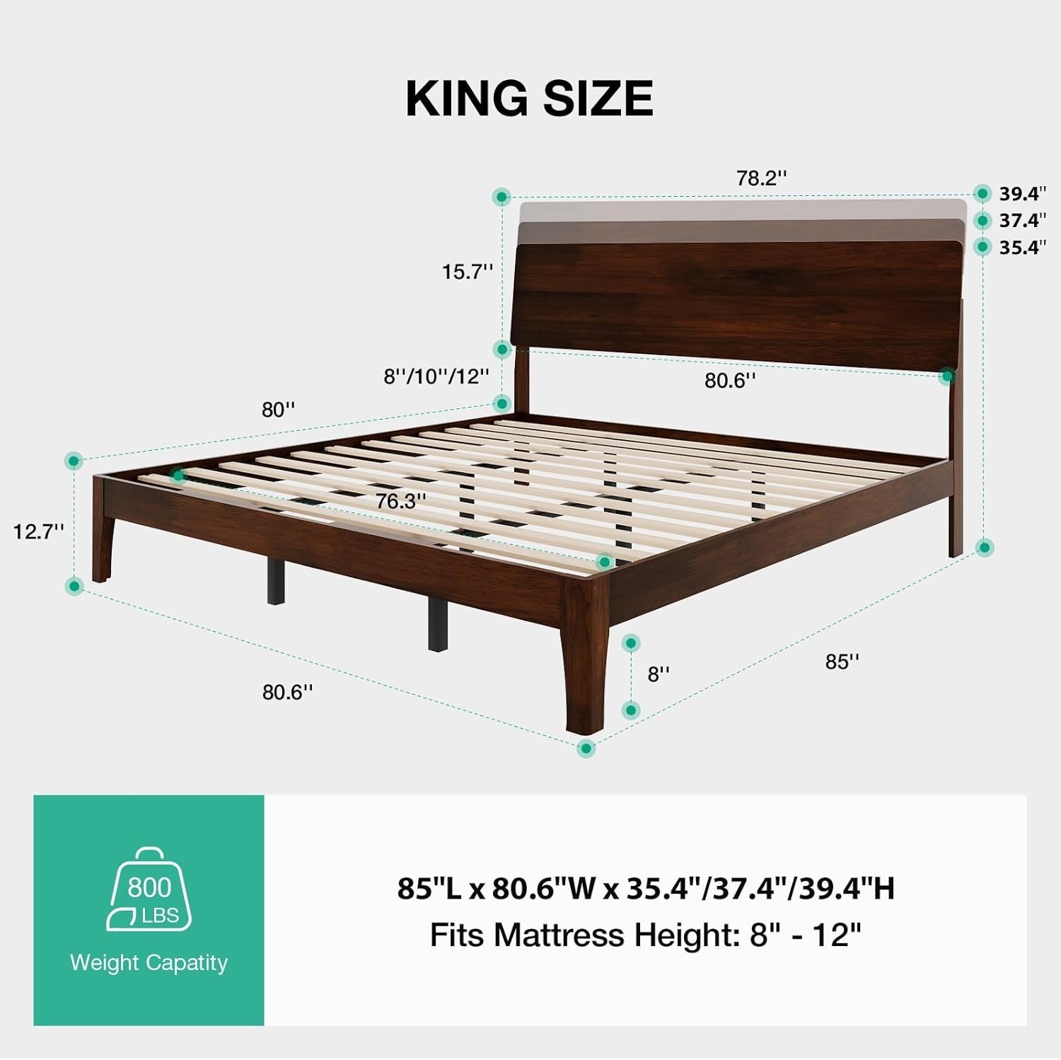 King Size Bed Frame with 3-Level Adjustable Storage Headboard, Solid Wood Pla…