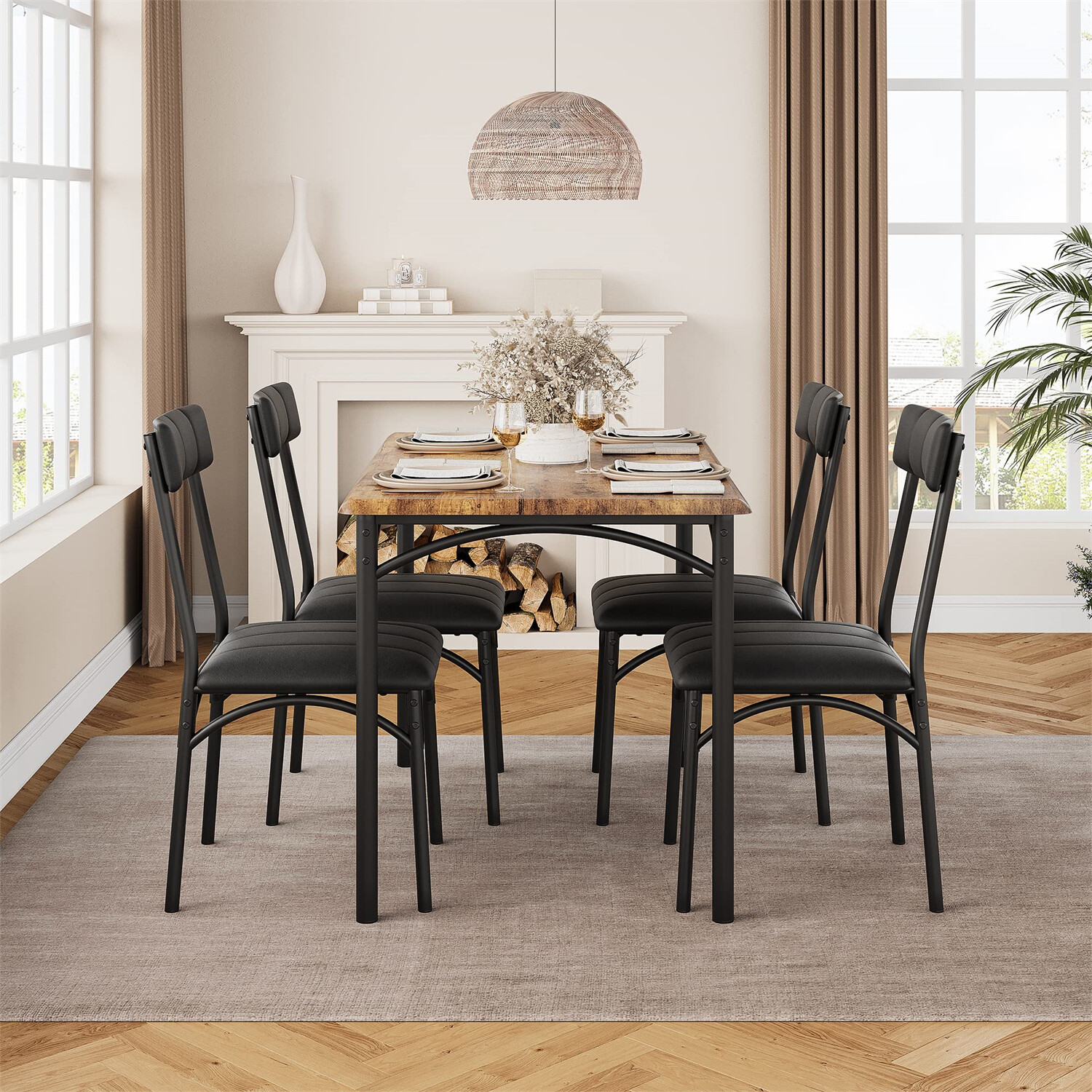✈️💒5 Piece Dining Table Set Kitchen Table Chairs Metal and Wood Upholstered Cha