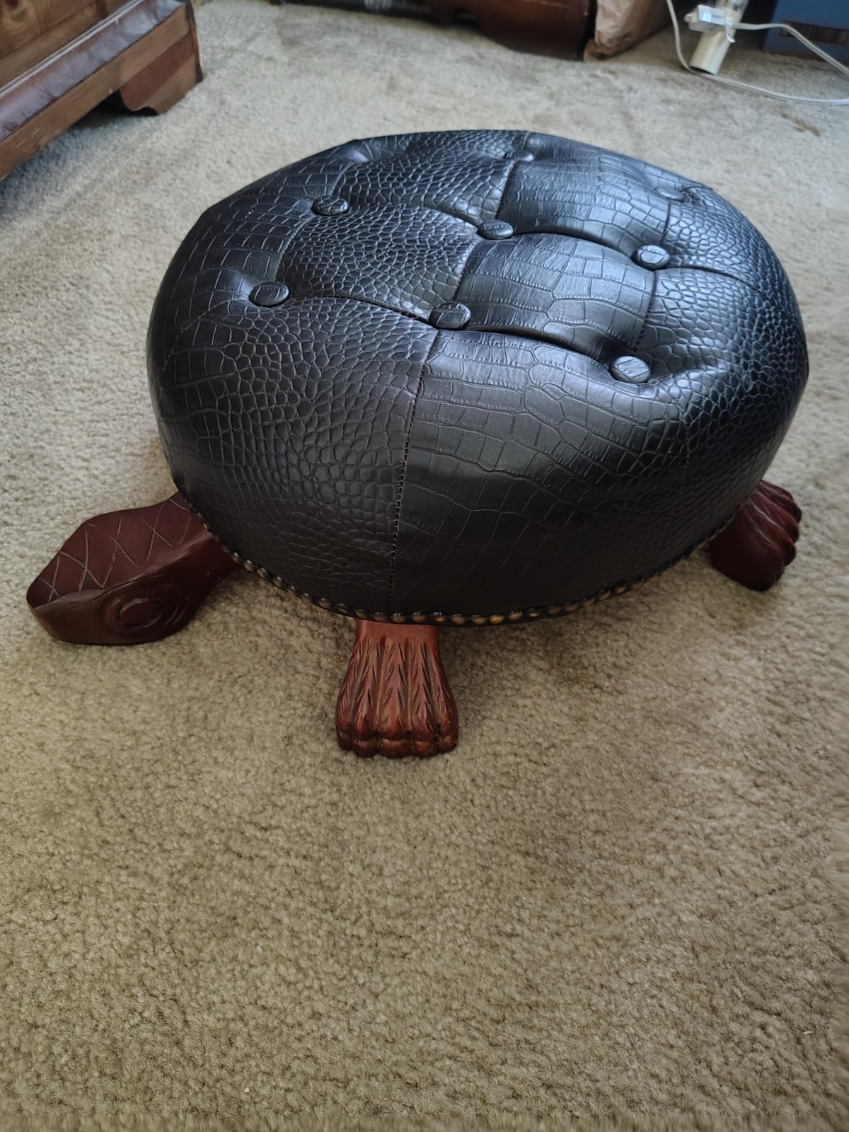 Turtle Ottoman Footstool Tufted Faux Leather Round Black w/ Brown Wood Legs