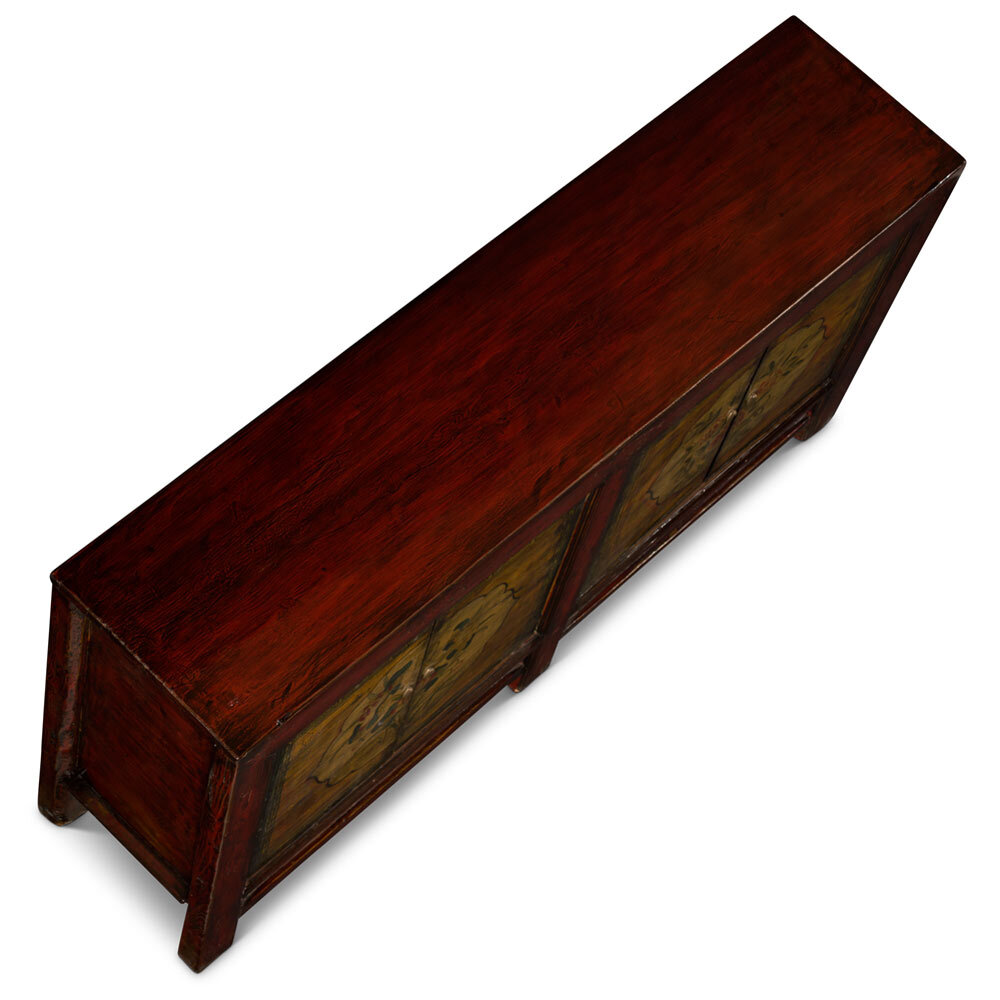 US SELLER Hand Painted Flower Distressed Red Yellow Mongolian Elmwood Sideboard