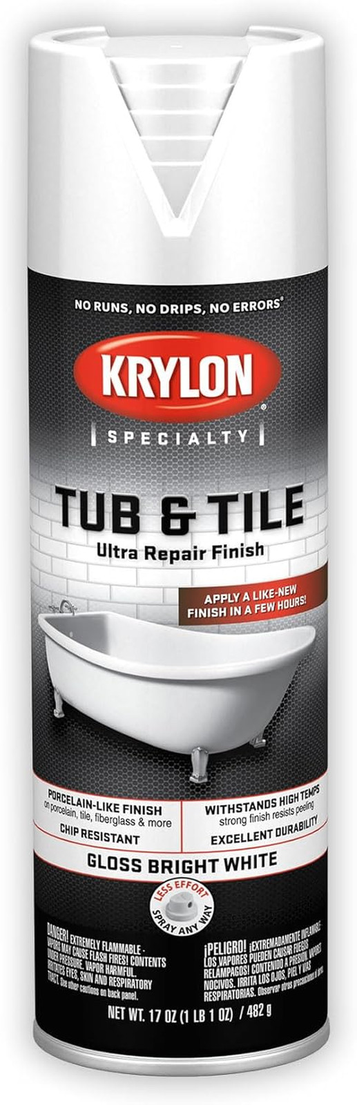 Krylon K04502007 Tub & Tile Ultra Repair Finish Spray Paint, Aerosol, Bright Whi