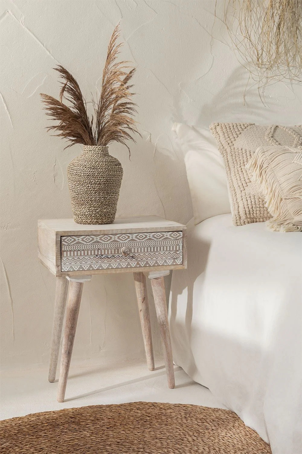 Artisan Handmade Bedside Table Solid Wood Hand Carved 17.7 × 13.8 × 23.2 inches