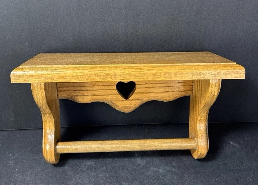 1980’s Solid Oak Shelf W/Heart Cutout & Hand Towel Rack Cottagecore 12”x5.5”