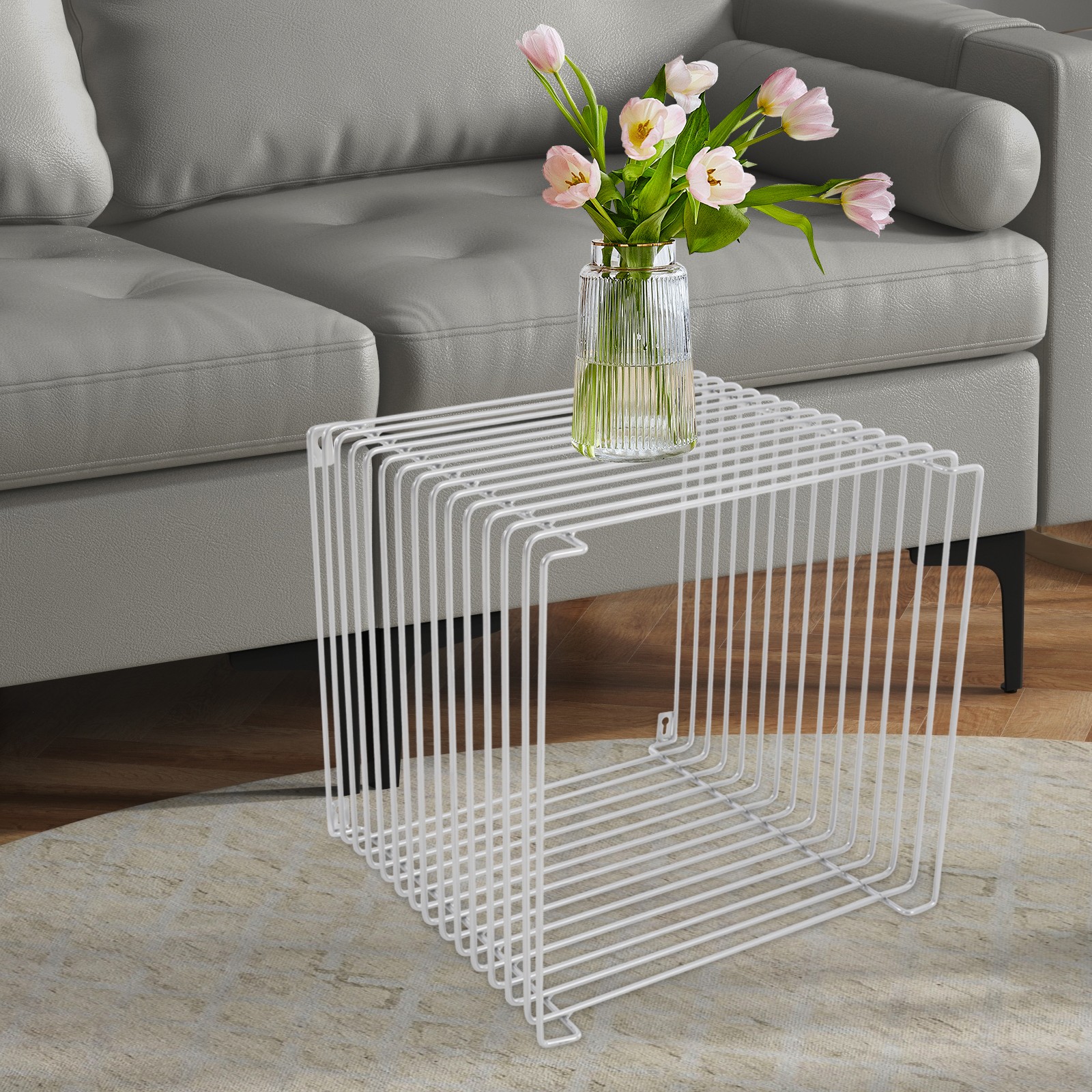 Square Side Table, Iron Multi-Purpose Side Table, Cage End Table Silver