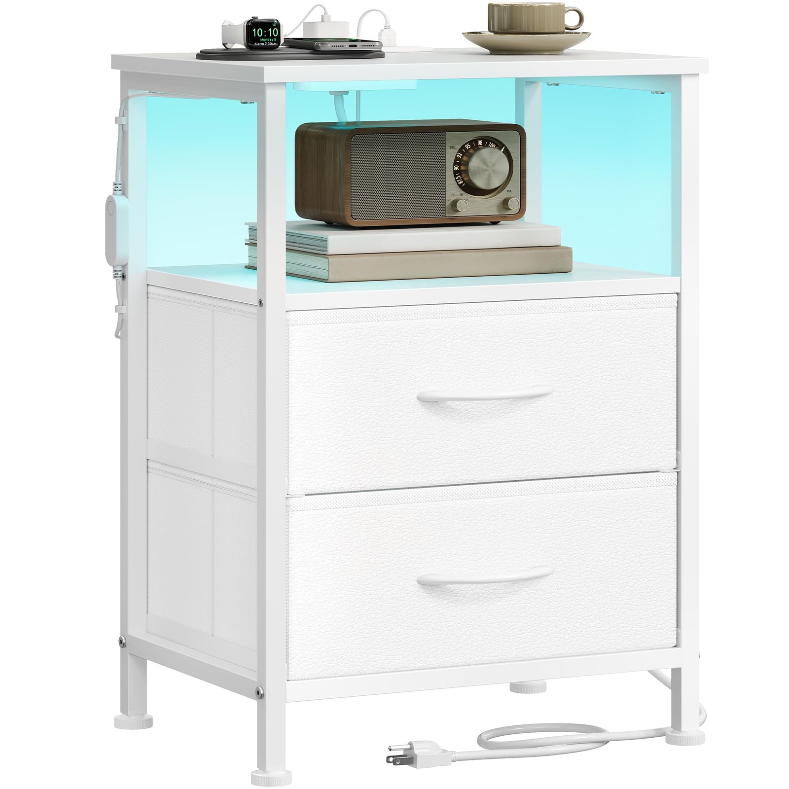 Nightstand With Charging Station And LED Lights 2 Drawers And Shelf Cloud White