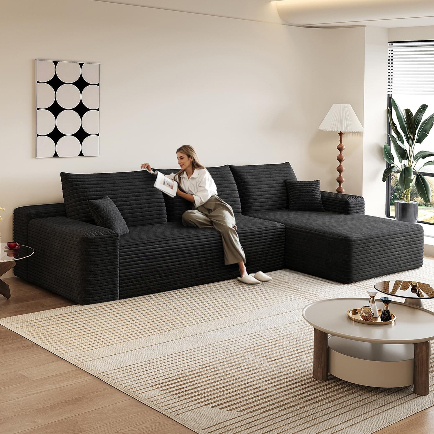 107.5″ Corduroy Modular Sectional Sofa L Shaped Cloud Couch with Chaise