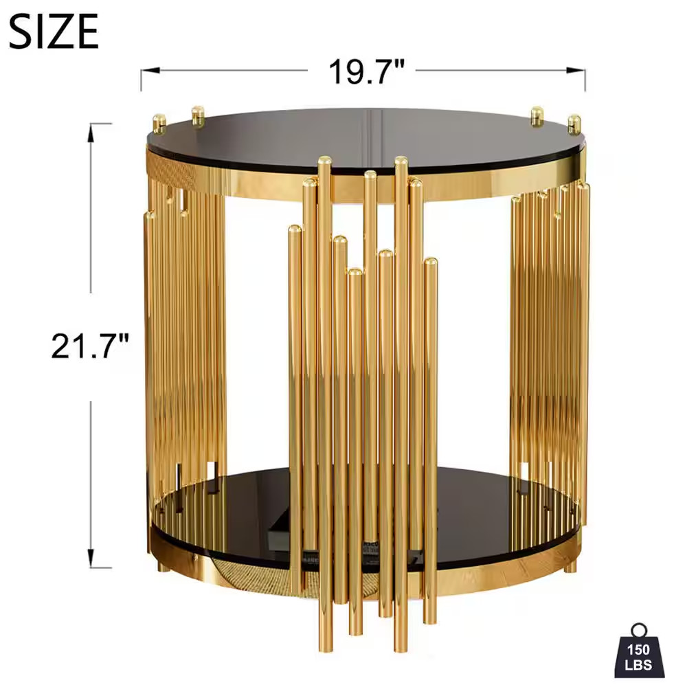 20 In. Black round Glass Coffee Table with Tempered Glass&Gold Legs, 2-Tier Stai