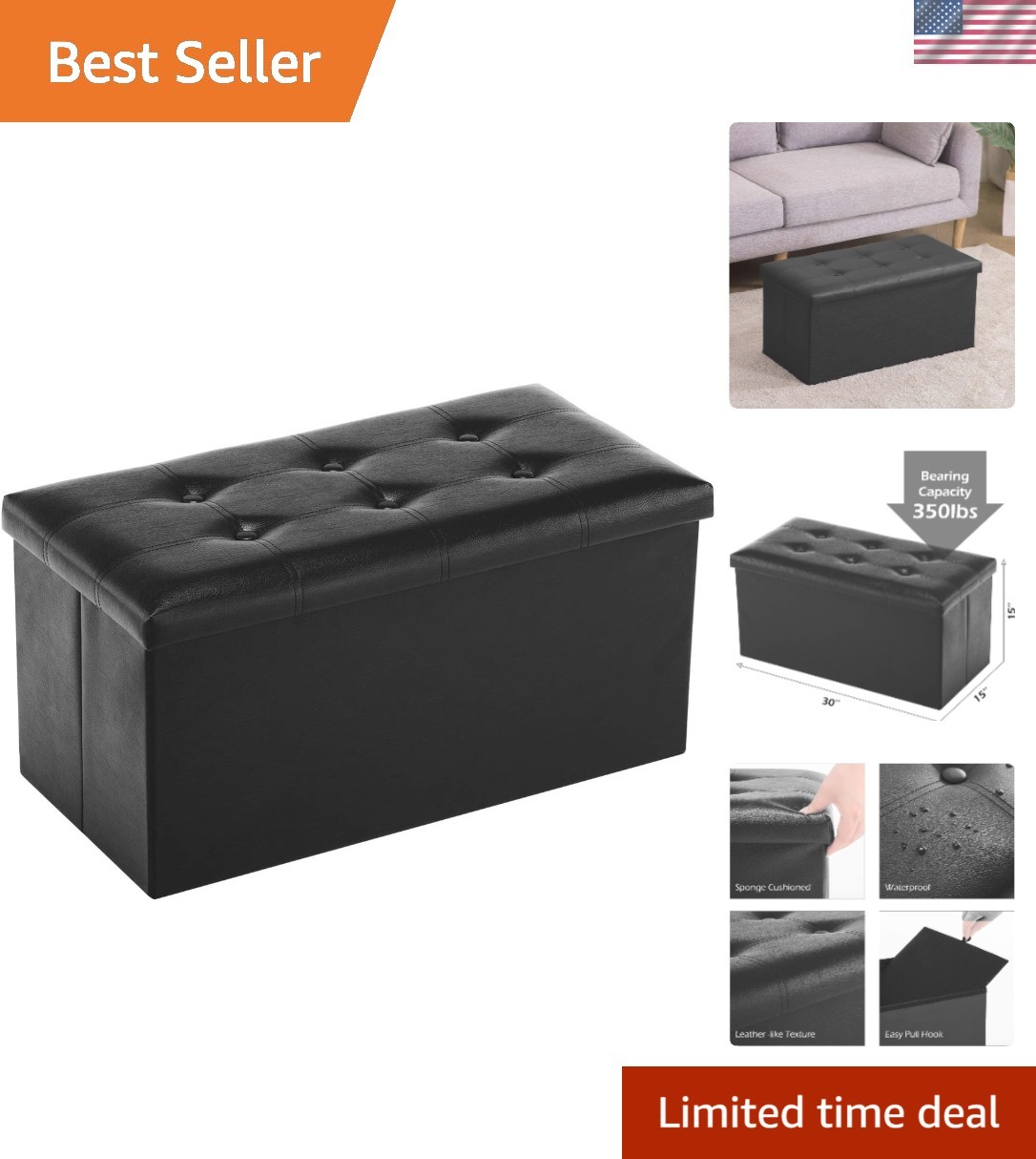 Multi-Functional Ottoman Bench – Black Faux Leather with 350lb Capacity, 30”