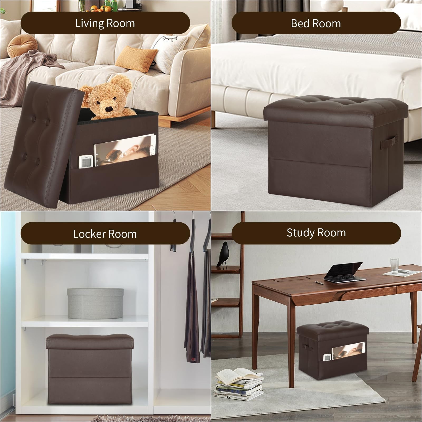 Brown Foldable Leather Storage Ottoman Foot Rest Bench 350lbs 17x13x13 Inch