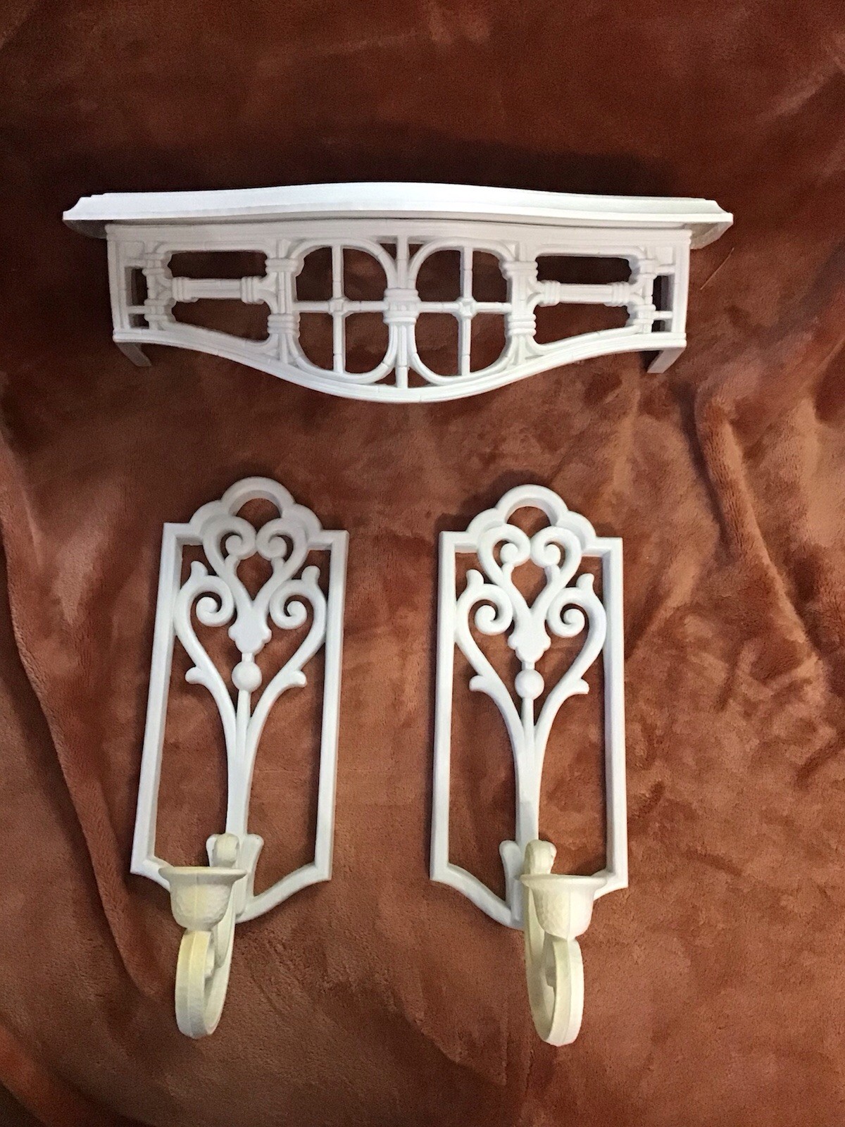White Wall Mounted Wall Shelf w/ 2 Decorative Hooks, 3-Piece Set
