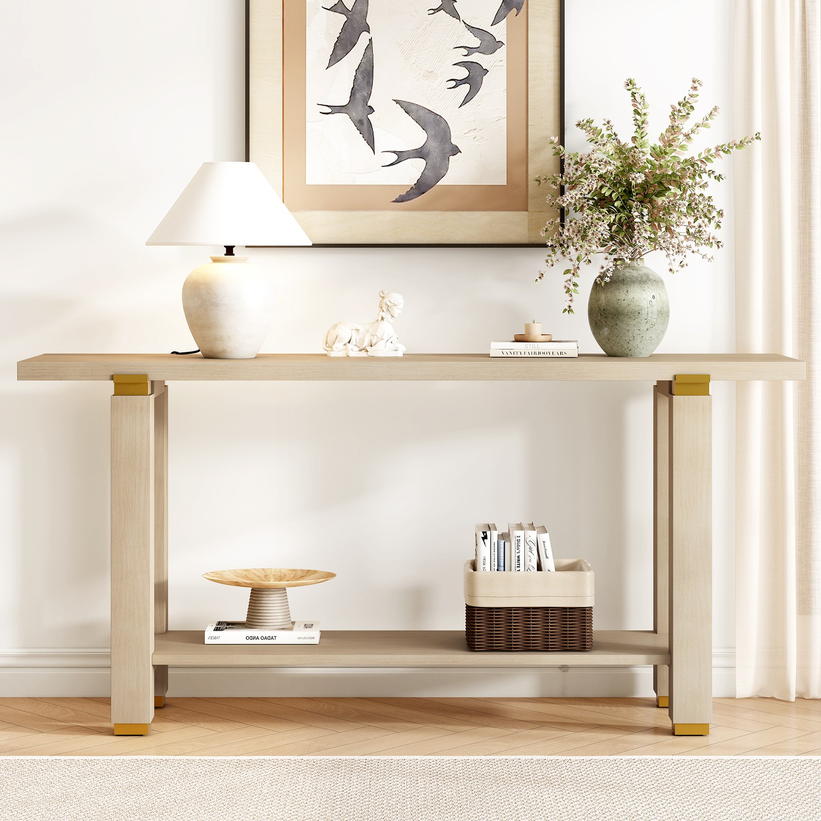 Modern Minimalist Console Table 62.9″ Solid Wood with Metal Accents & Shelf