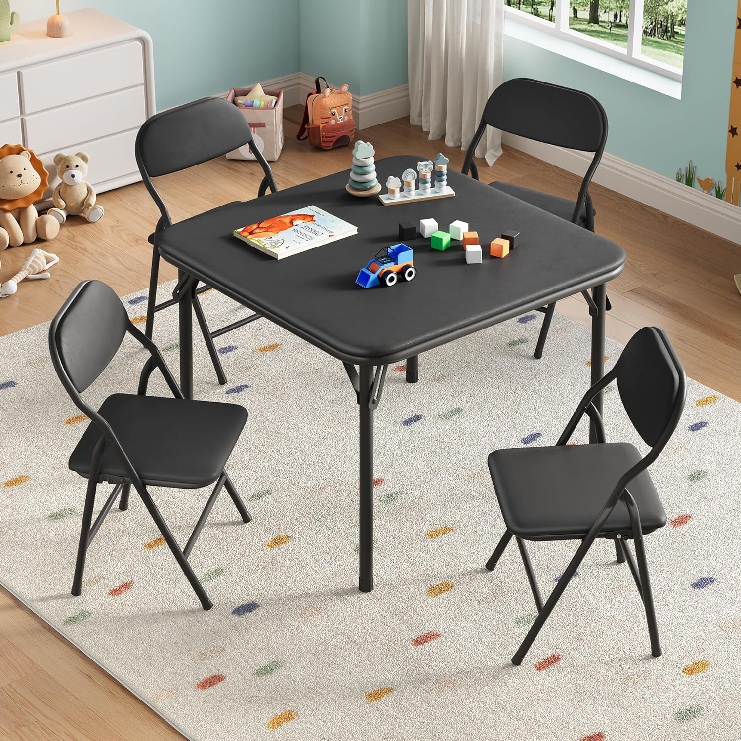 Folding Card Table with 4 Chairs Upholstered Square Portable Game Dining Table