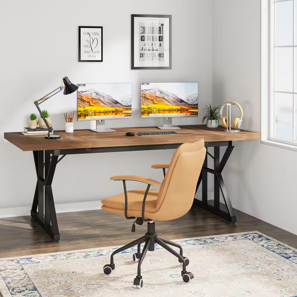 Capen 70.8 In. Rectangular Light Brown and Black Engineered Wood Executive Desk