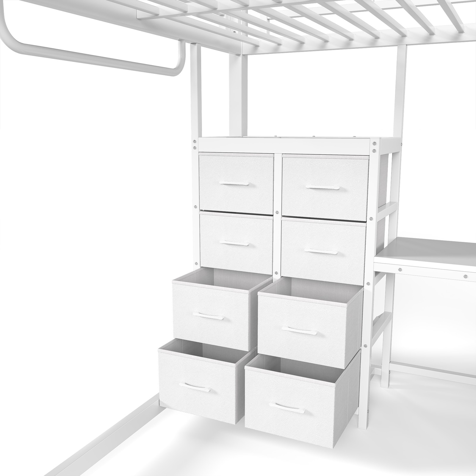 Full Over Full L-Shaped Bunk Bed with Desk, Drawers & Shelves, White