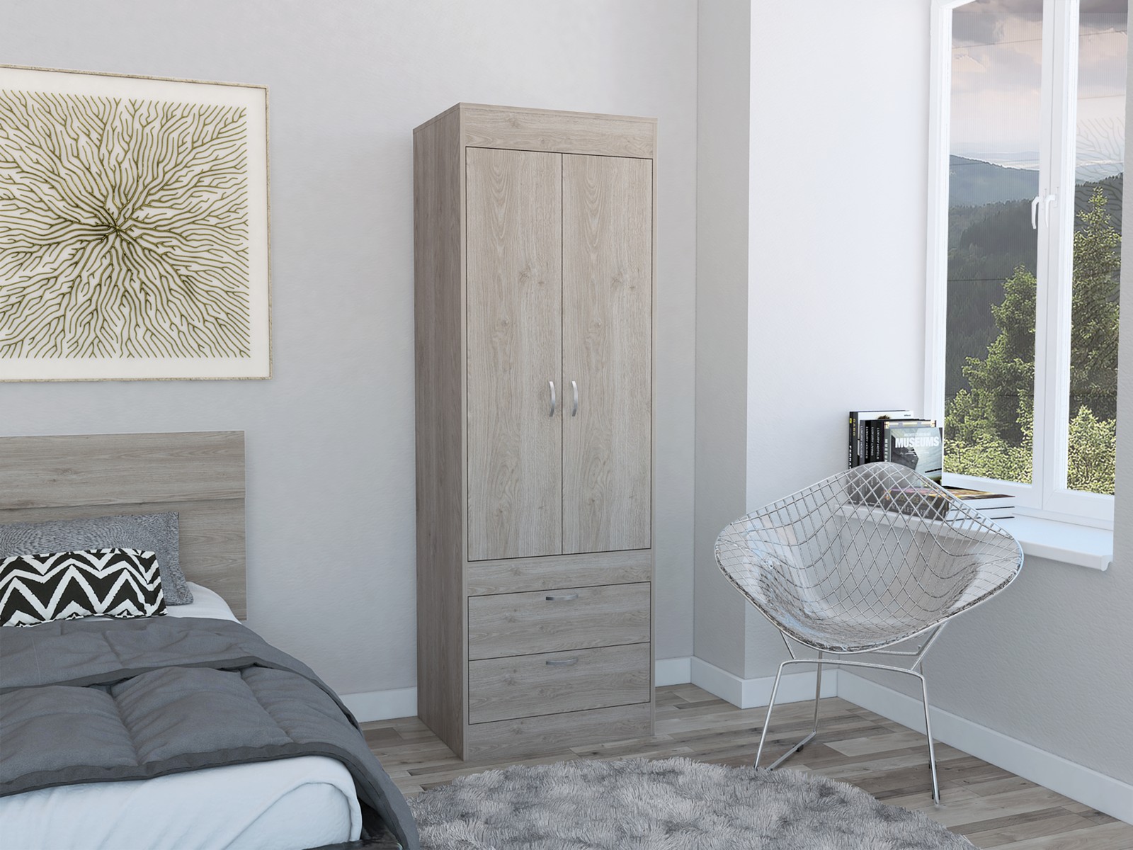 Lisboa 2-Door Armoire Light Gray Particle Board Wardrobe