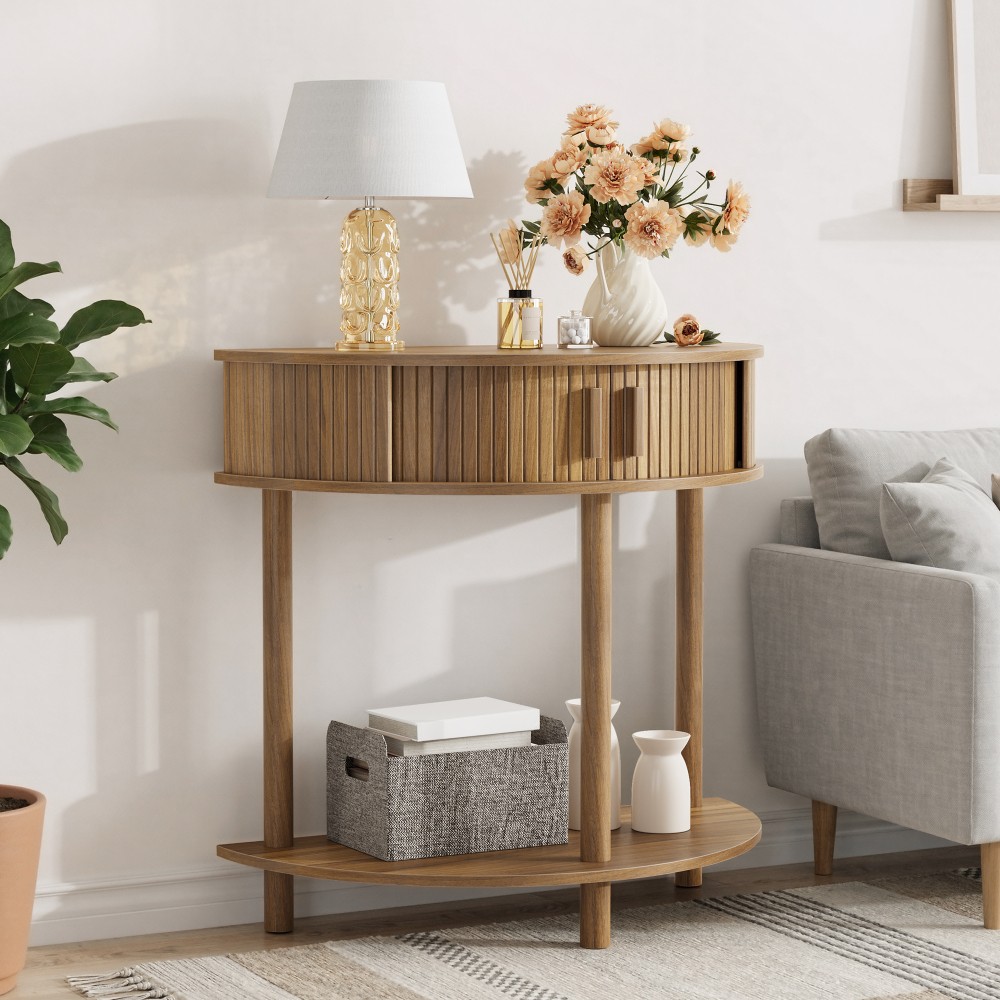 31.5 In Grooved Half-Moon Console Table Farmhouse Sofa Table Behind Couch