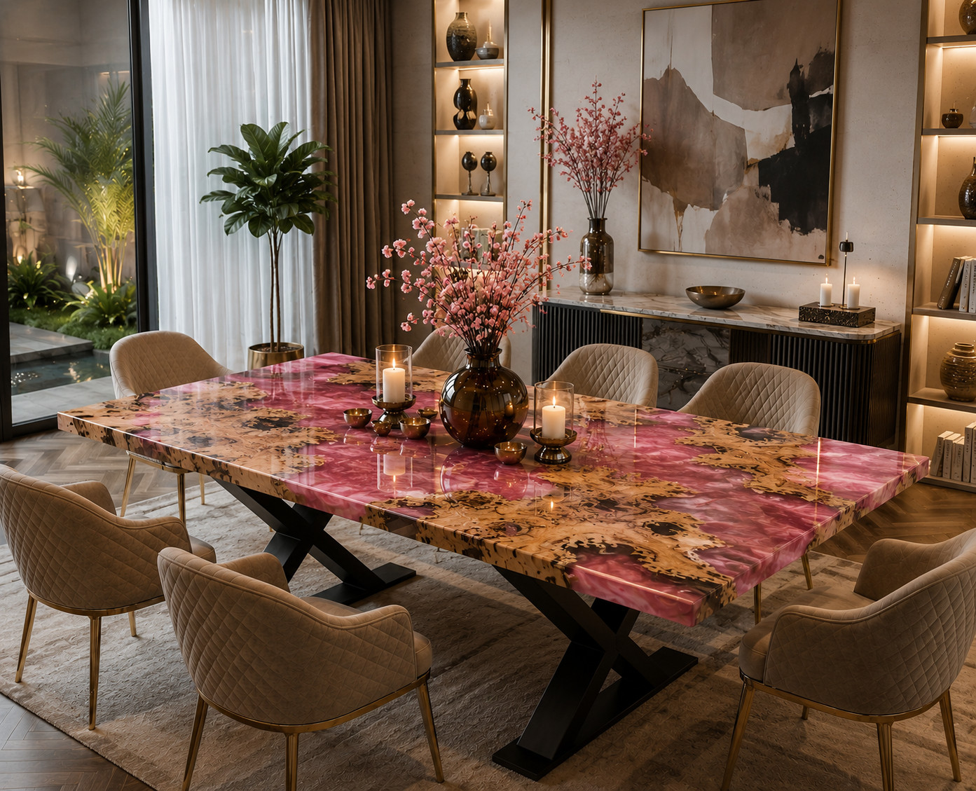 Handmade Pink Ocean Epoxy River Dining Table | Live Edge Burl Wood Table | 12X24