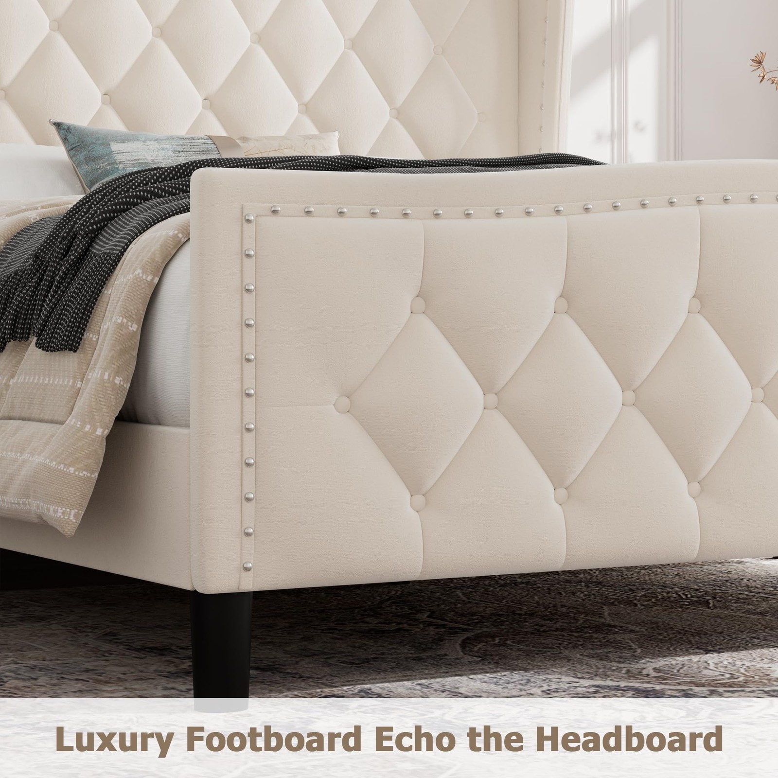 Full/Queen Size Bed Frame Velvet Upholstered Platform Bed w/ Wing Side Headboard