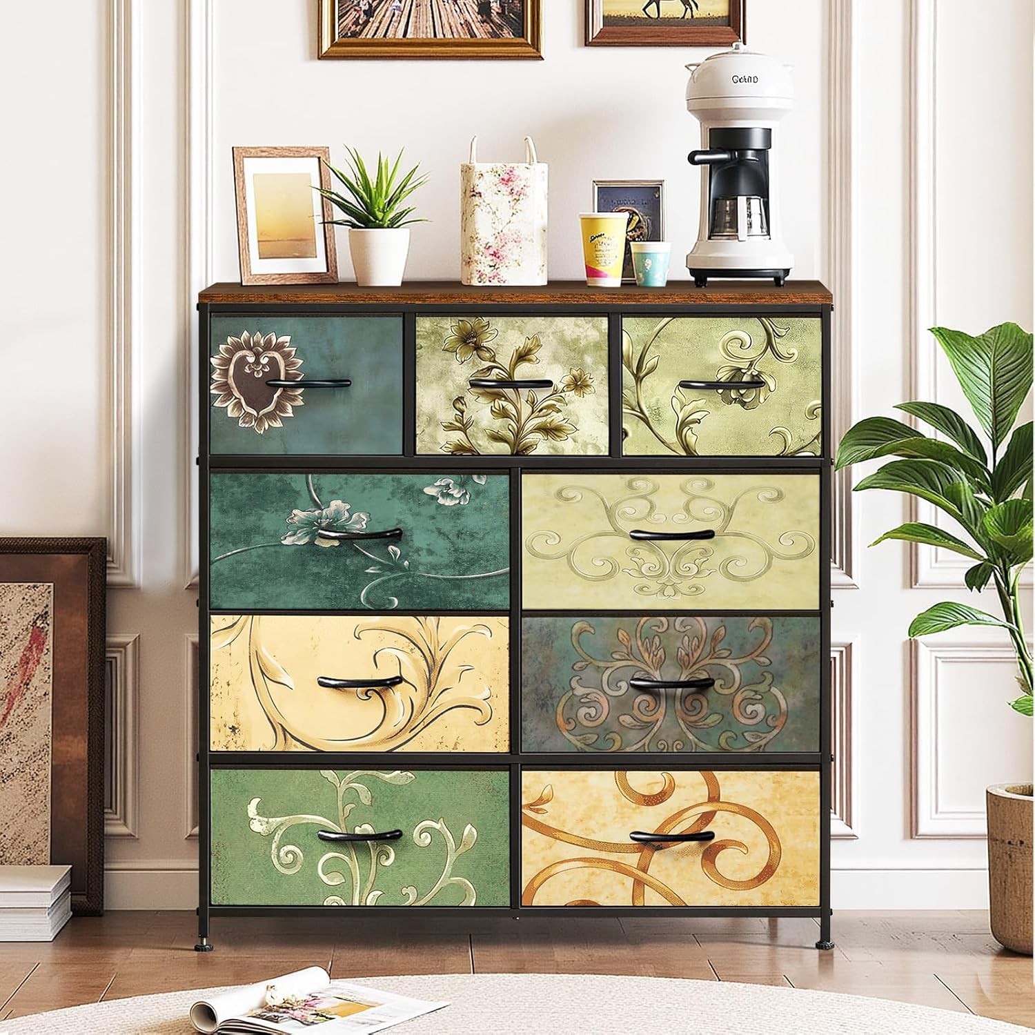 9-Drawer Fabric Dresser, Wooden Top Metal Frame, Floral Design