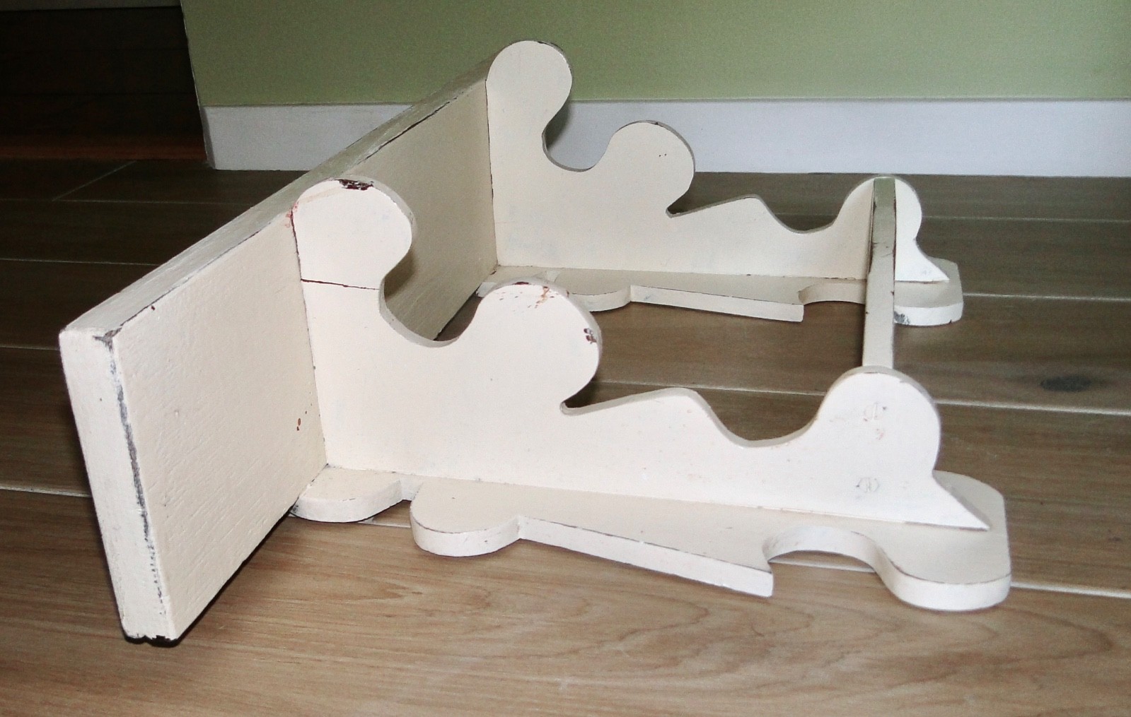 Vintage Heavy Wood WALL SHELF Painted WHITE CHIPPY FARMHOUSE ~2 Tiers~ 21″ Wide