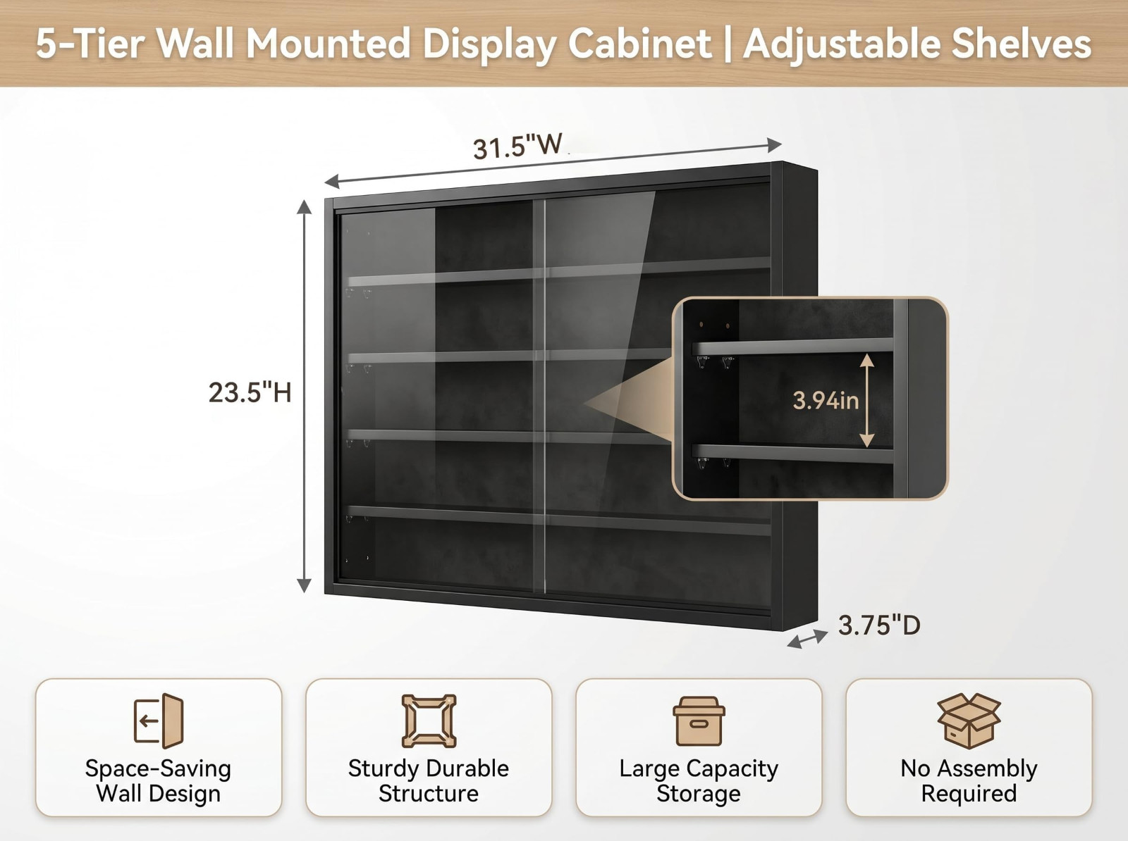 Tieeqe 5-Tier Wall Mount Curio Cabinet Display Cabinet Black