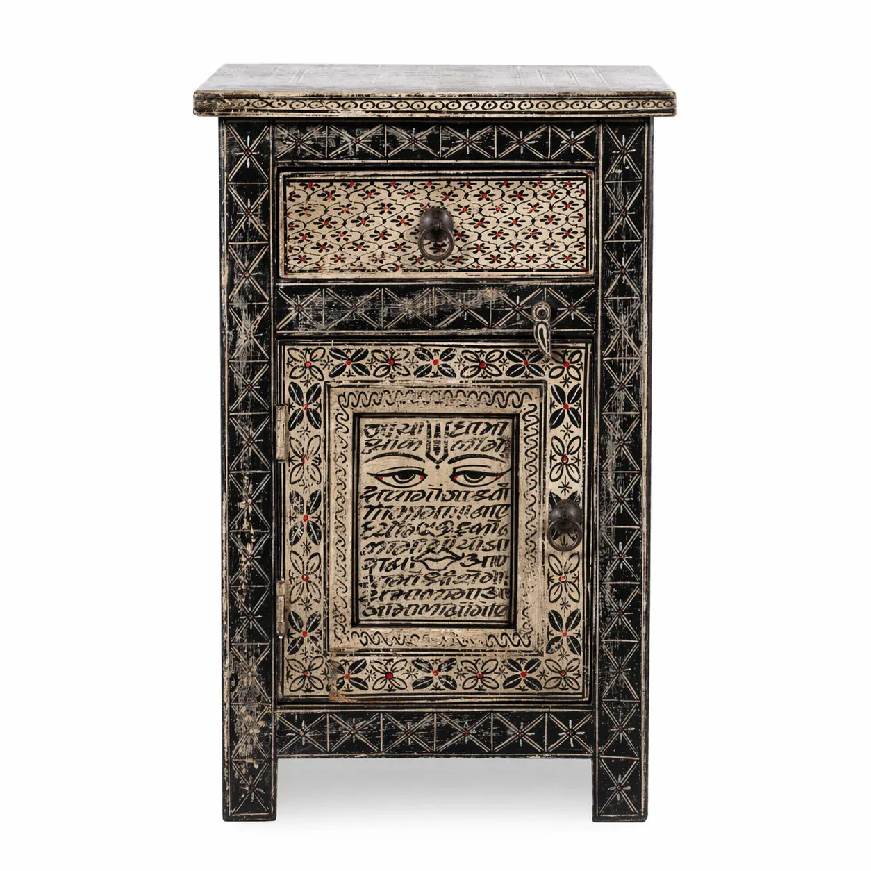 Artisan Handmade Bedside Table Solid Wood Hand Painted 17.7 × 13.8 × 27.6 inches