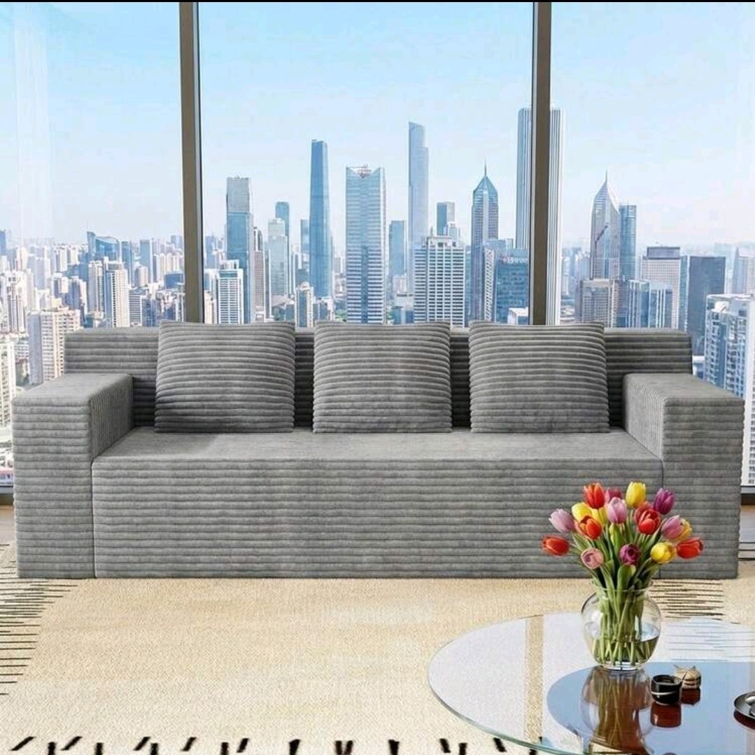 Light Gray Ribbed Corduroy Sofa 71″ 3-Seater Couch in a Box 1200 LB Capacity