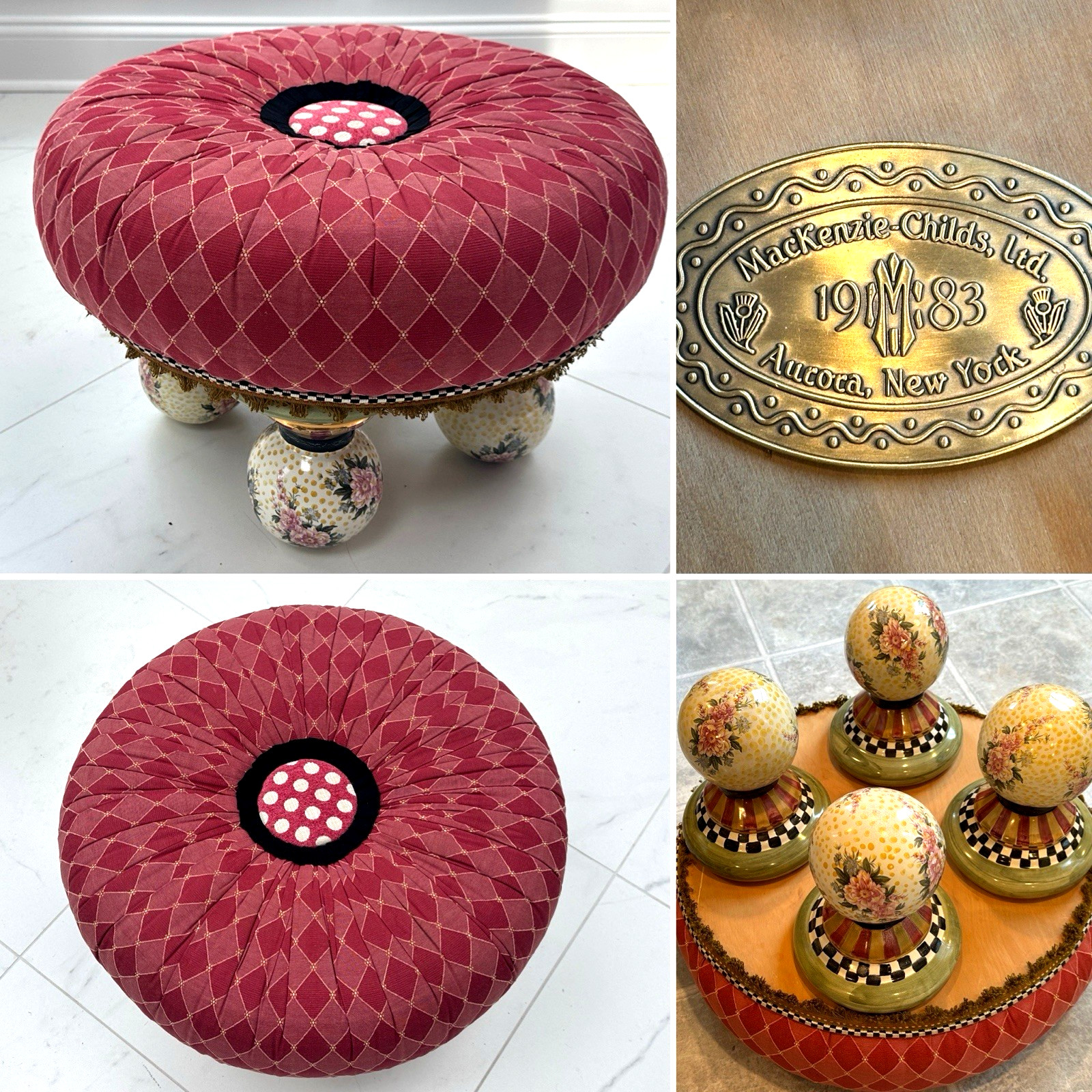 MACKENZIE-CHILDS Large Heavy Ceramic-Leg 20″ Footstool Seat Ottoman Pouf Tuffet