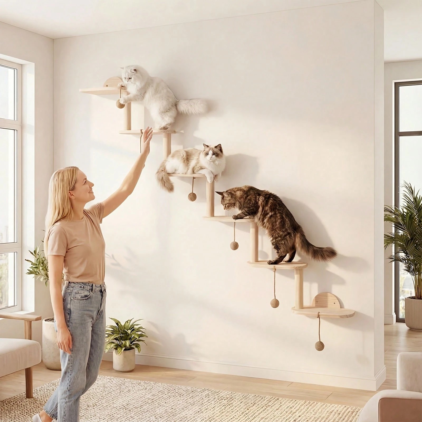 New 6pc Cat Wall Shelf Set Cozy Modern Floating Perch Furniture Elegant Wood