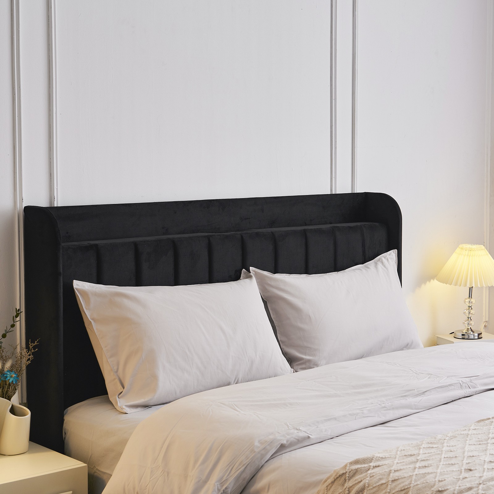 Queen Size Upholstered Velvet Platform Bed Frame Charging Station Storage Shelf