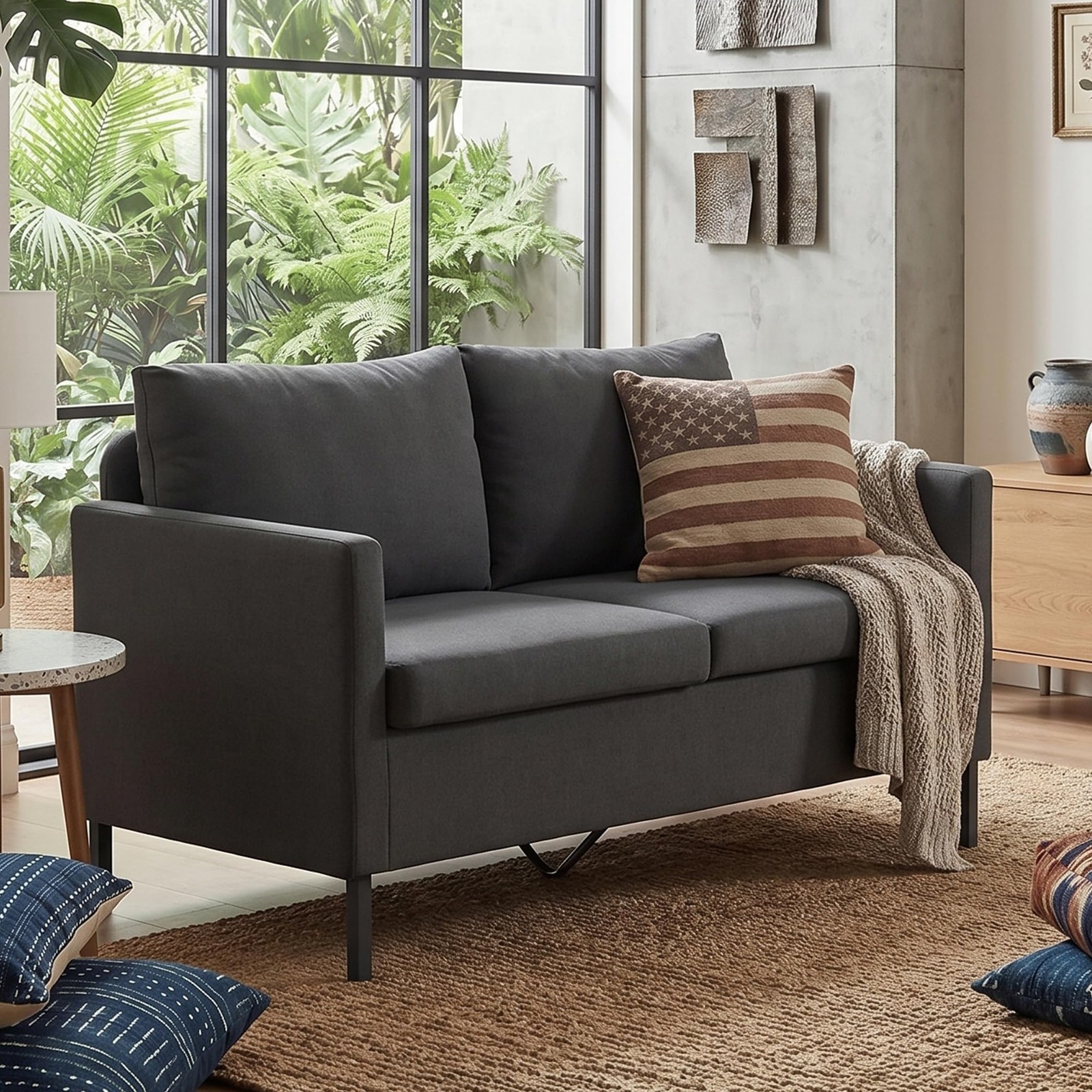 Linen Fabric Modern Small Loveseat Sofa Couch 51″ W 2-Seater Iron Legs Dark Grey