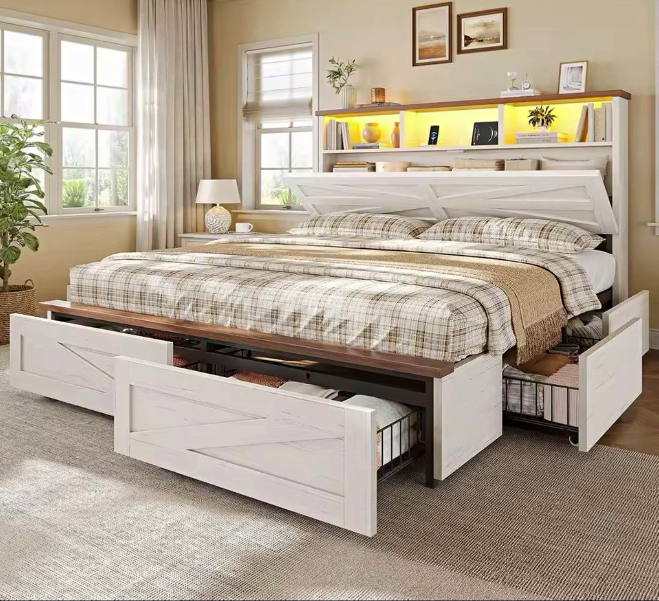 Queen Storage Bed Frame w/ LED Headboard, AC+USB, 6 Drawers (White)
