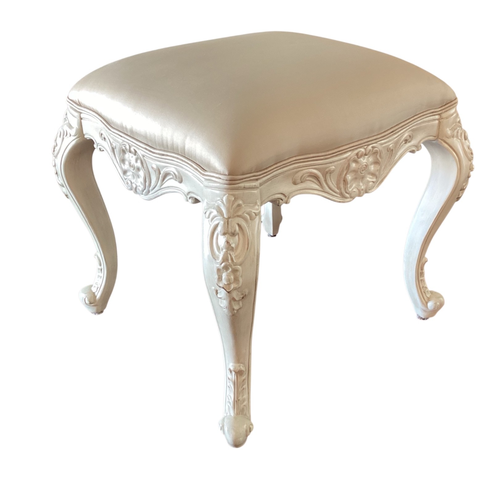 Frontgate Bench Antique White Silk Champagne Upholstered Vanity Stool Vienne