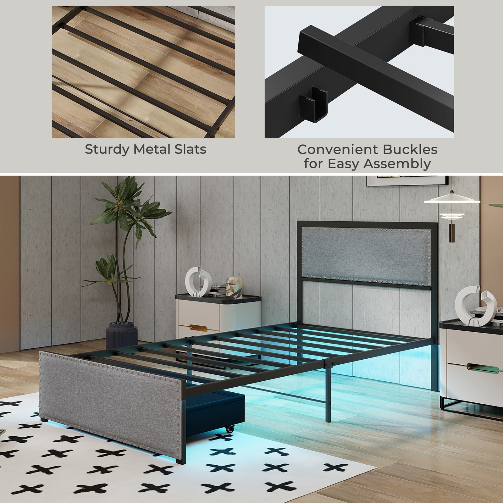 Twin Size Bed Frame w/ Storage Drawer Metal Platform Bed w/ LED Lights