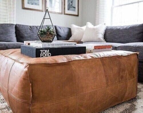Boho Moroccan Square Leather Pouf 30″ Distressed Brown Unstuffed Coffee Table