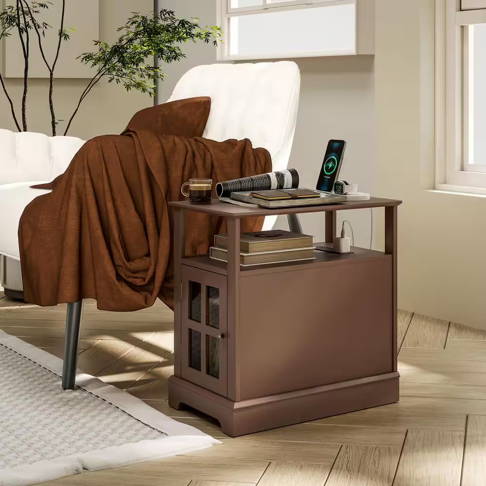 23.6 In. Rectangle MDF End Table with Charging Station, Narrow Side Table with U