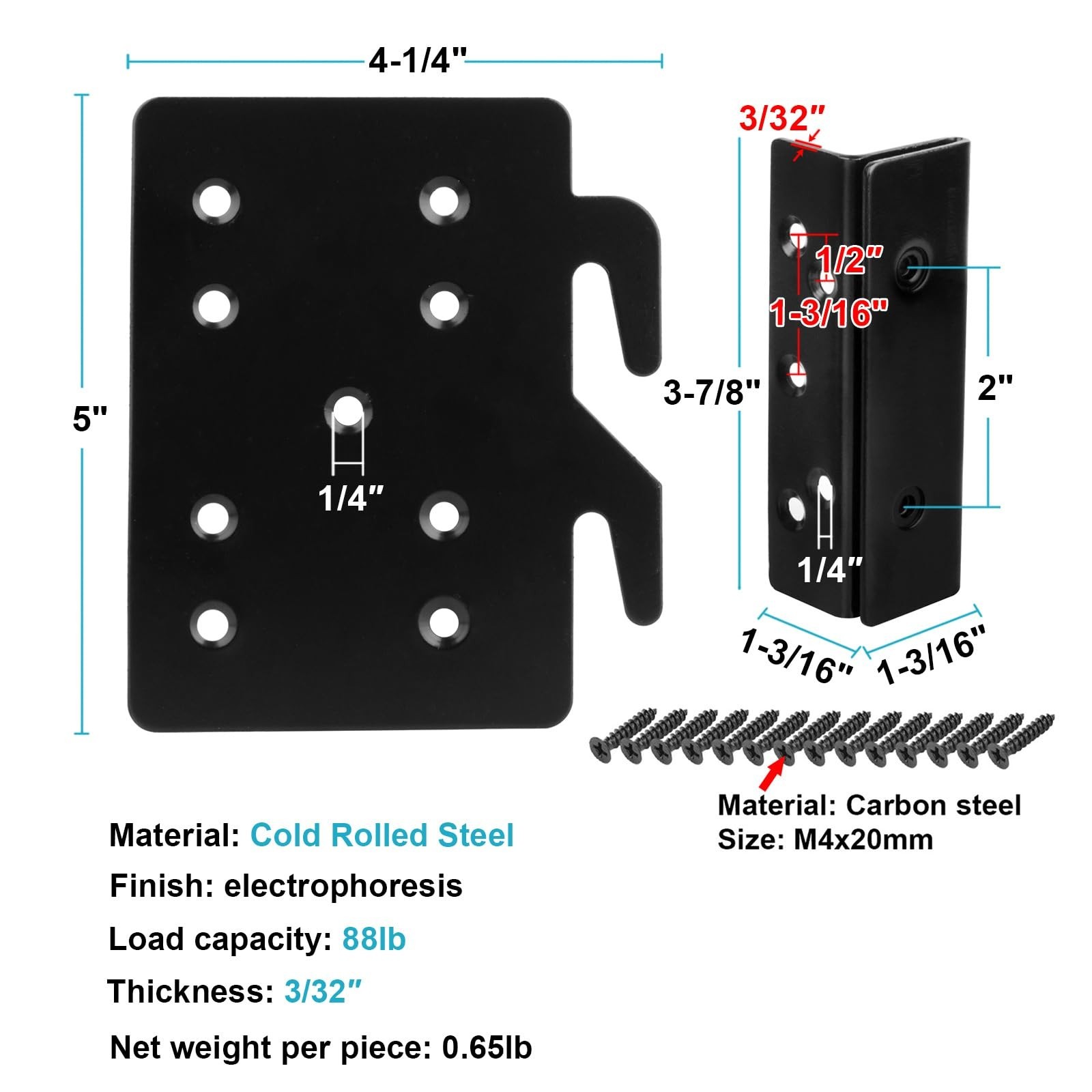 4 Sets Bed Frame Hardware – Bed Rail Replacement Brackets, 5″x4.25″, 3/32″ Thick