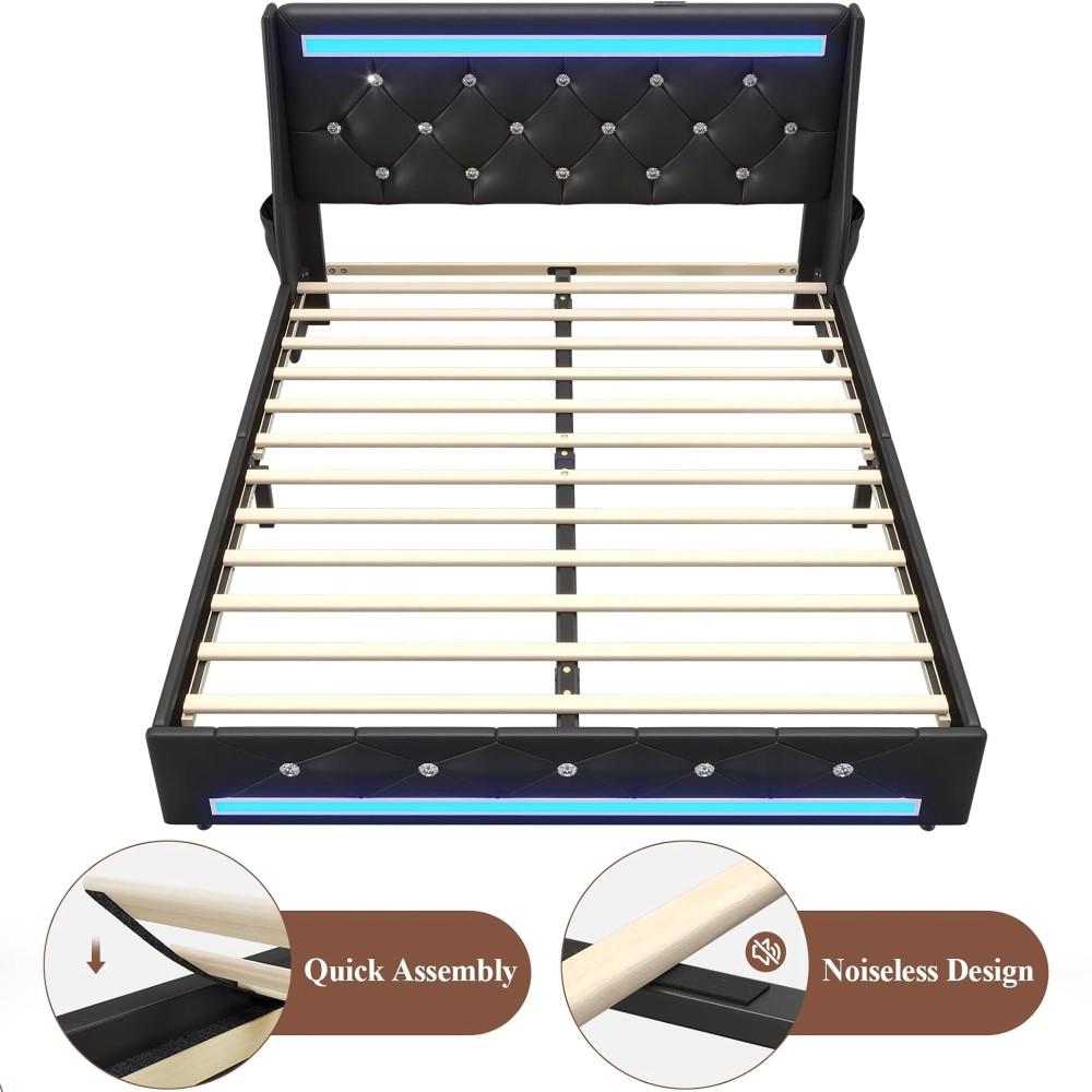 Queen Size Bed Frame with LED Lights, Upholstered Bed Frame