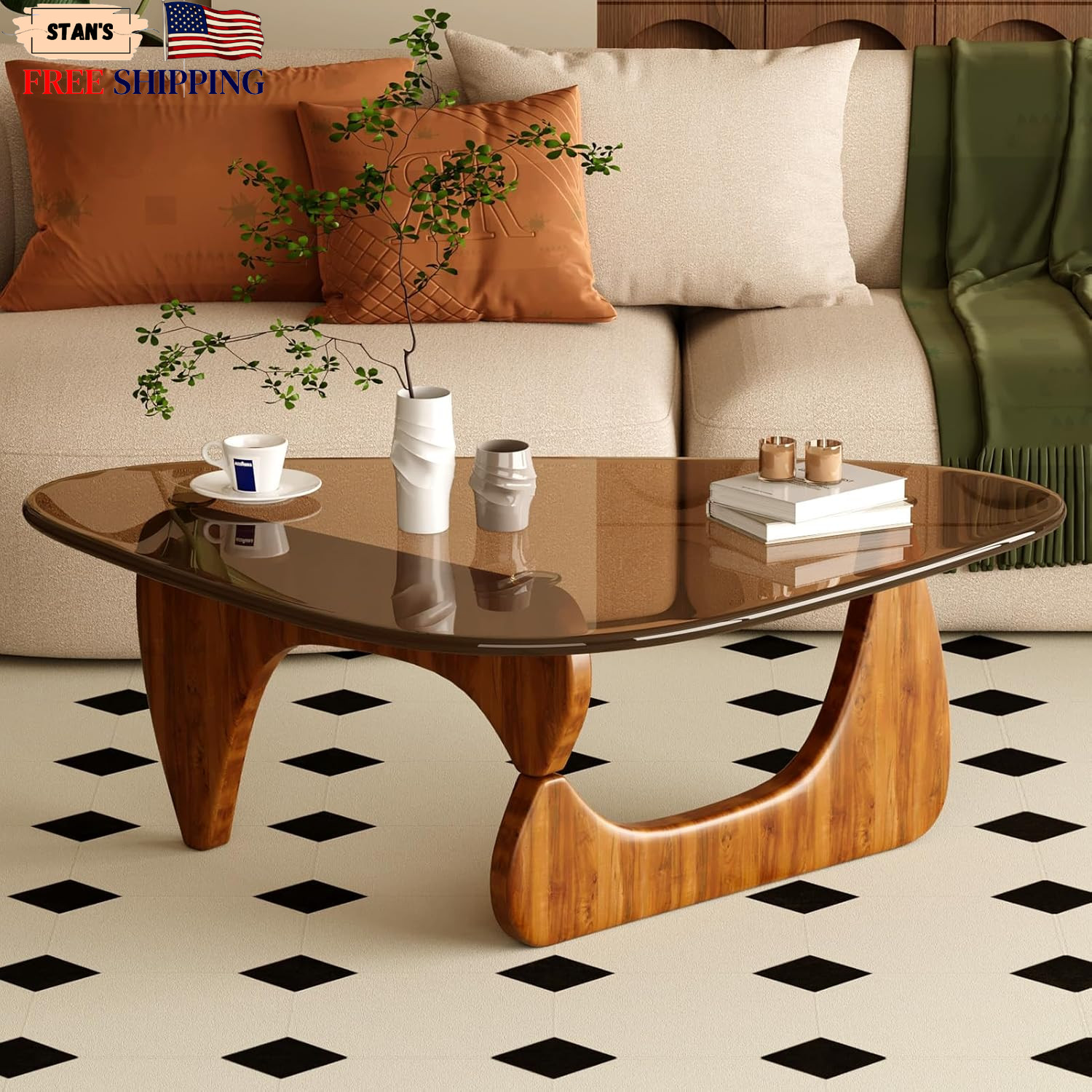 Mid Century Modern Coffee Table with Glass Top Brown Walnut Finish FREE SHIPP