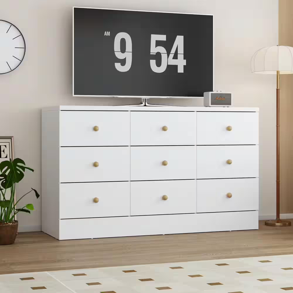White 9 Drawers 47.2 In. W Wooden Chest of Drawers, Sideboard, Storage Cabinet,