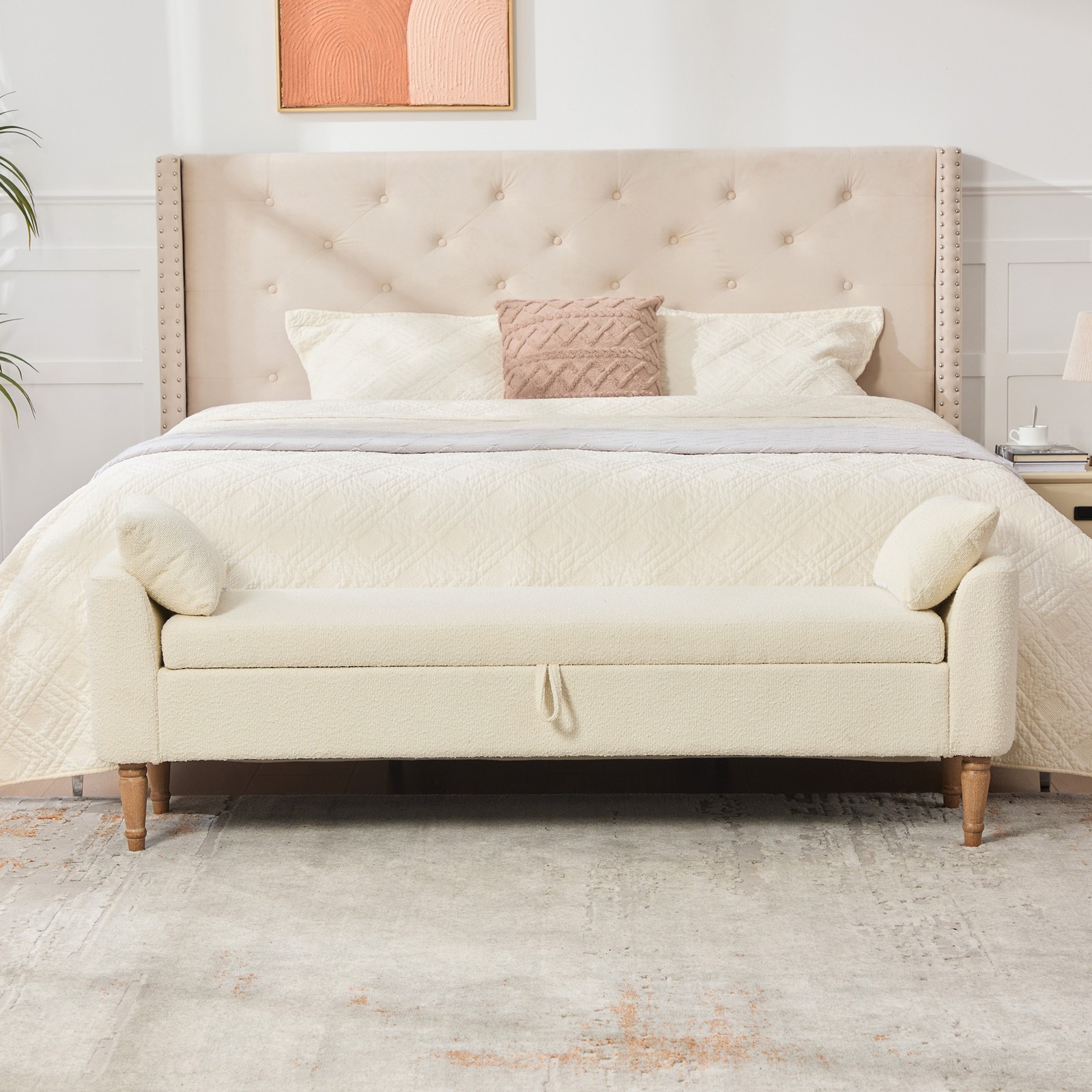 Upholstered Boucle Fabric Storage Bench Daybed With Armrest & Pillows, 65.94″