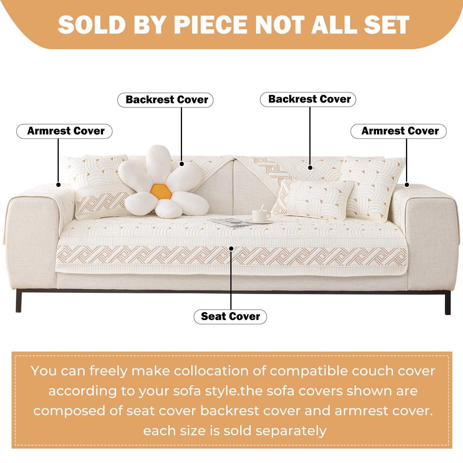 Solid Color Cotton Quilted Sofa Couch Cover Weave Pattern Soft Sectional Couc…
