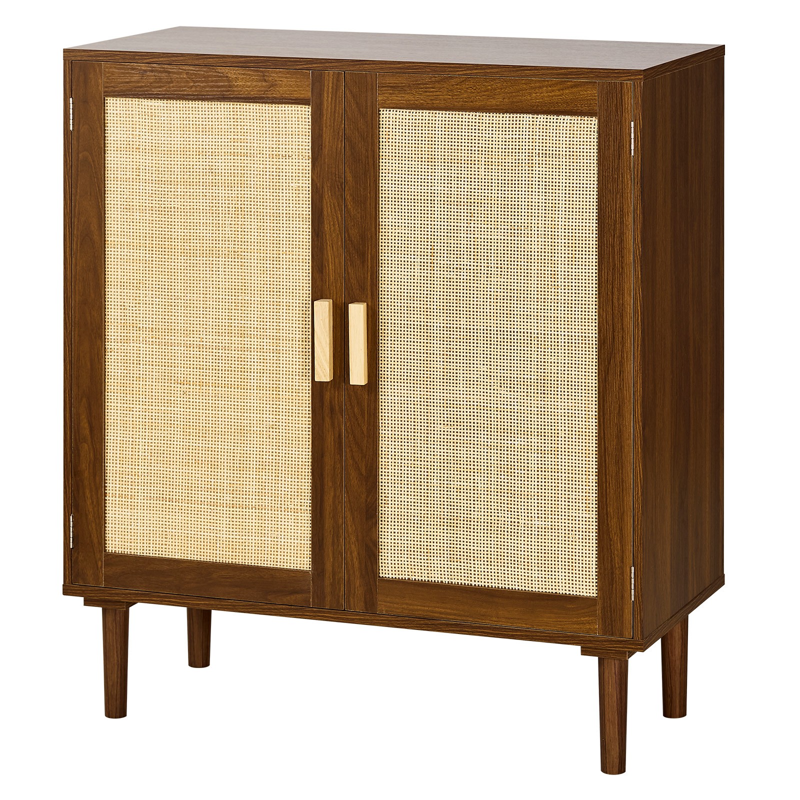 VEVOR Rattan Cabinet with 2 Magnetic Doors Adjustable Shelves Wooden Legs Khaki