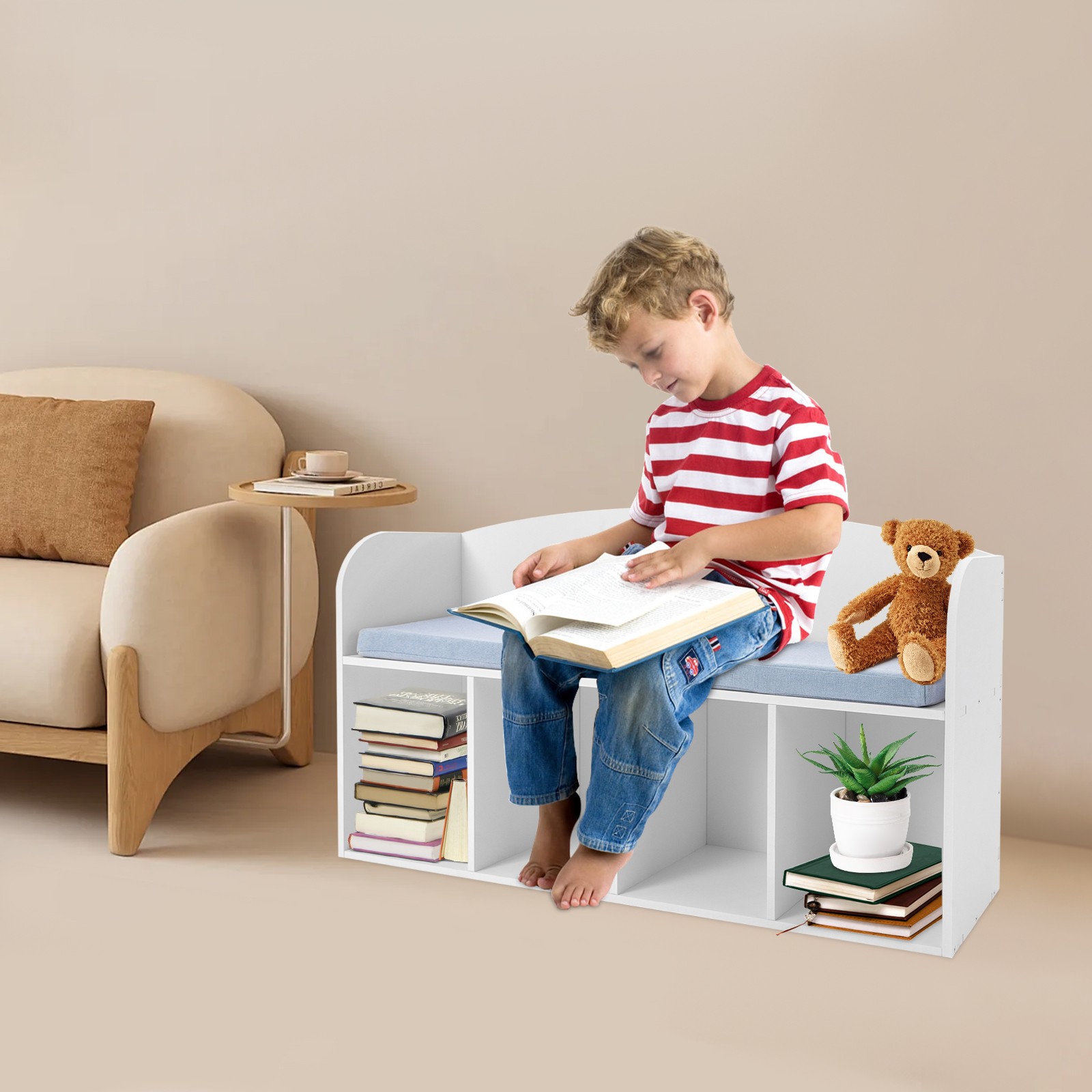  40.16*11.42*23.03in PVC& Cloth& Sponge White Storage Bookshelf W/ Soft Cushion