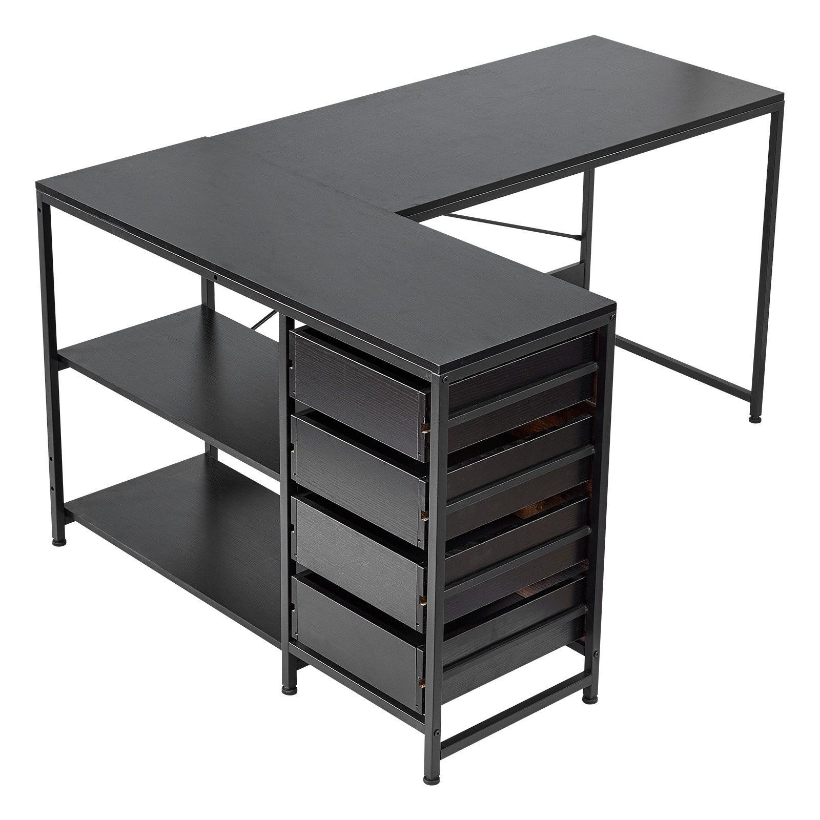 59in Reversible L Desk: Sturdy Workstation w/ 4 Wood Drawers & Dual Open Shelves